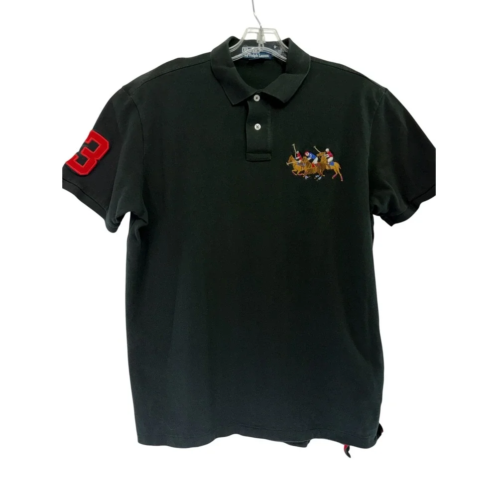 Polo Ralph Lauren Mens XL Custom Fit Black Triple Pony Embroidered Polo (K6)